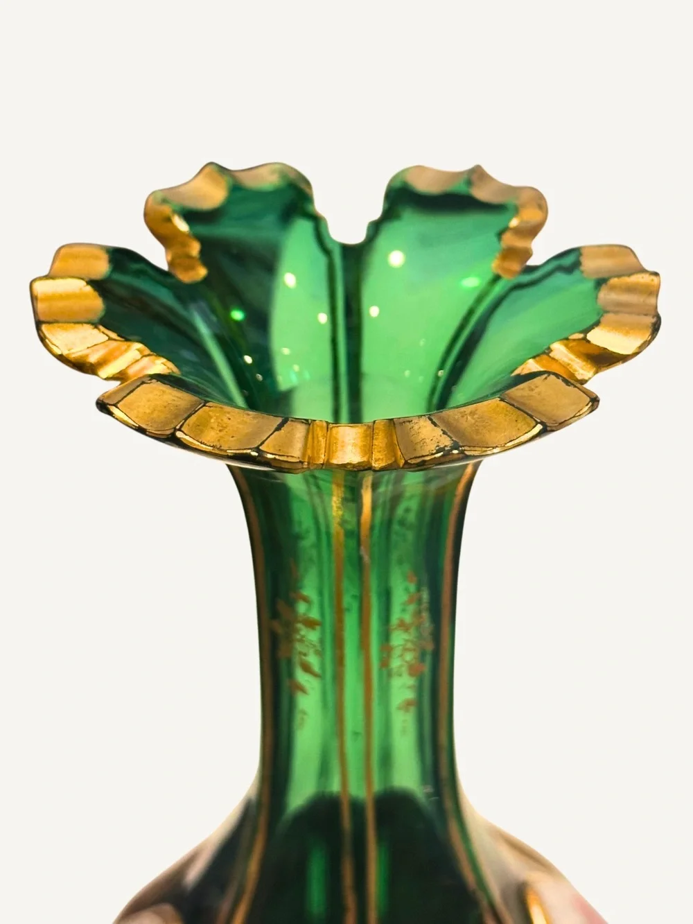 Antique Emerald-Green Bohemian Vase/Decanter with Hand-Painted Floral Cartouches - Picture 5 of 10